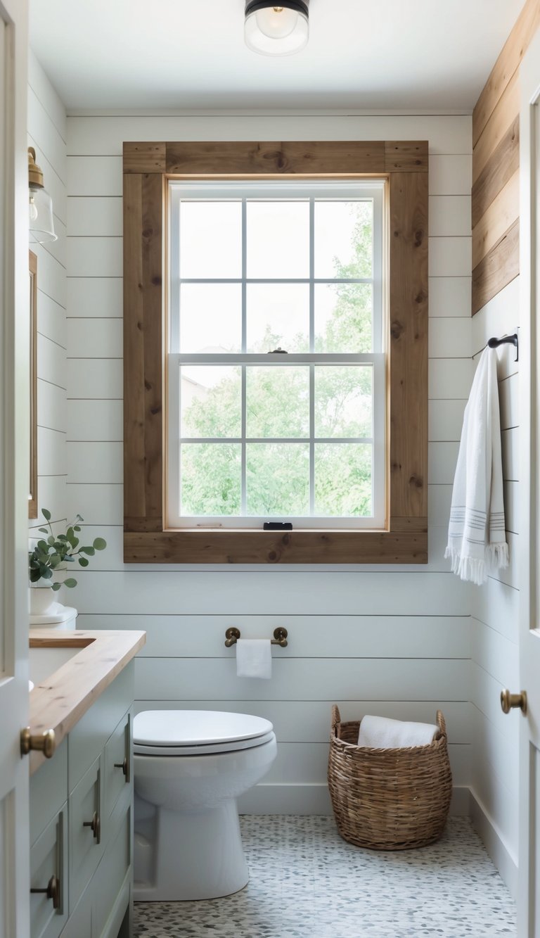 Small farmhouse bathroom idea featuring wood window trim, green shaker vanity, brass fixtures, shiplap walls, and woven basket storage.