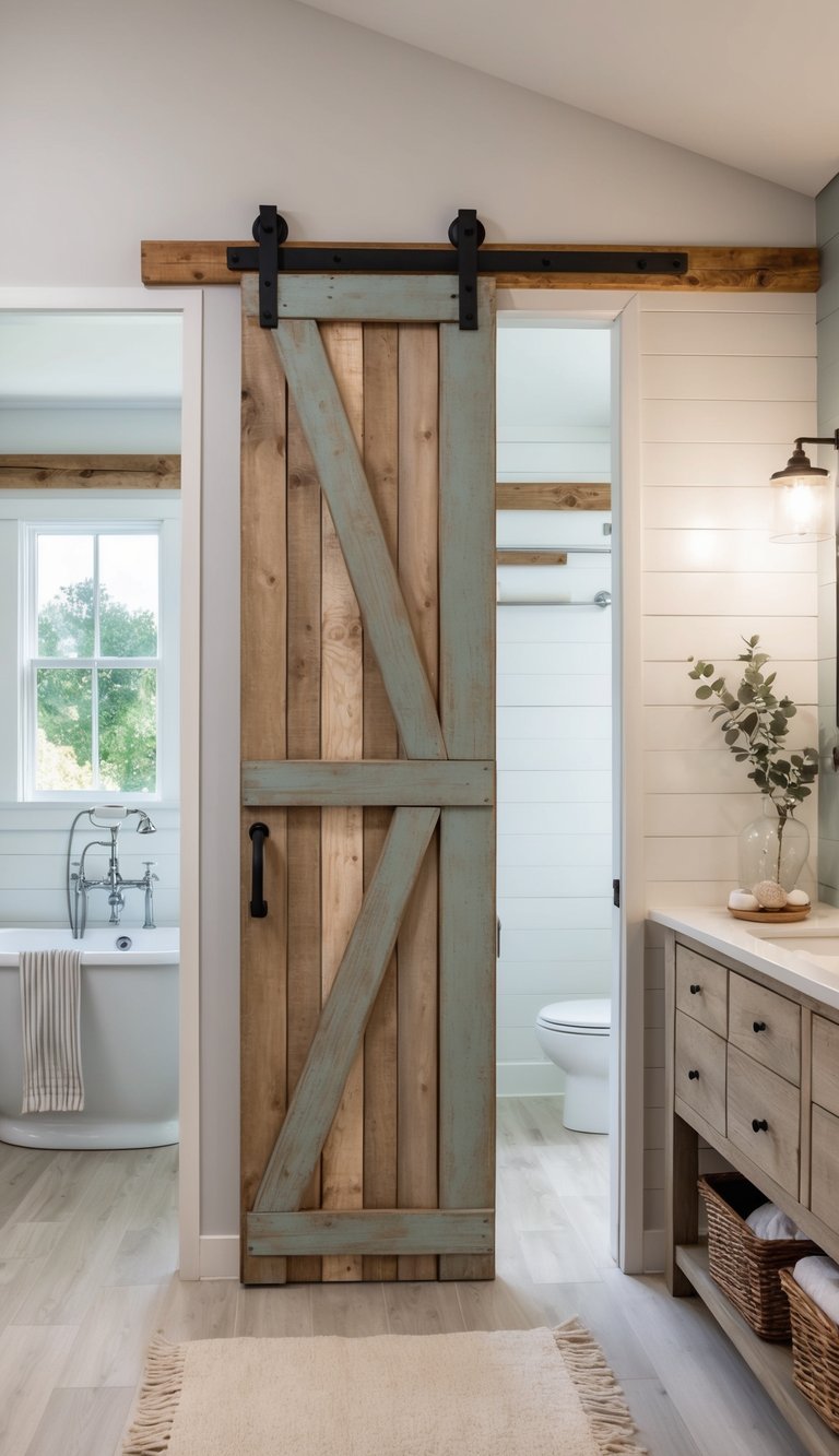 Farmhouse bathroom idea featuring sliding barn door with black hardware, shiplap walls, wood shaker vanity, and freestanding tub.