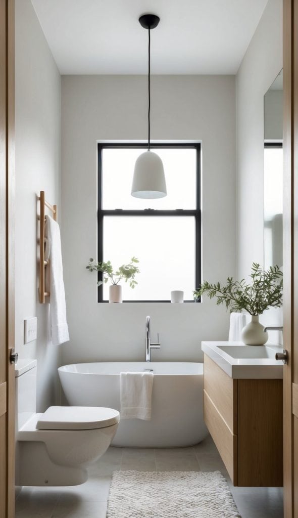 A modern bathroom featuring a freestanding white bathtub, a toilet, a wooden vanity with drawers, and a large window with plants on the sill. The space is illuminated by a pendant light, with a soft rug on the floor and a towel hanging on a wooden rack.