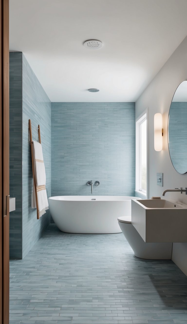 Spa-like bathroom with blue matte glass tile walls and floors, white freestanding tub, wall-mounted sink, and bamboo towel ladder.