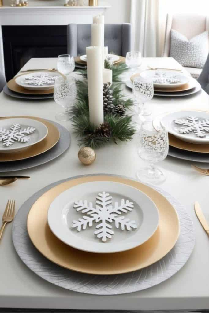 A festive dining table set with white plates on gold chargers, each featuring a decorative white snowflake. The table is adorned with white candles, pine garlands, and pinecones, complemented by ornate glassware and gold cutlery.