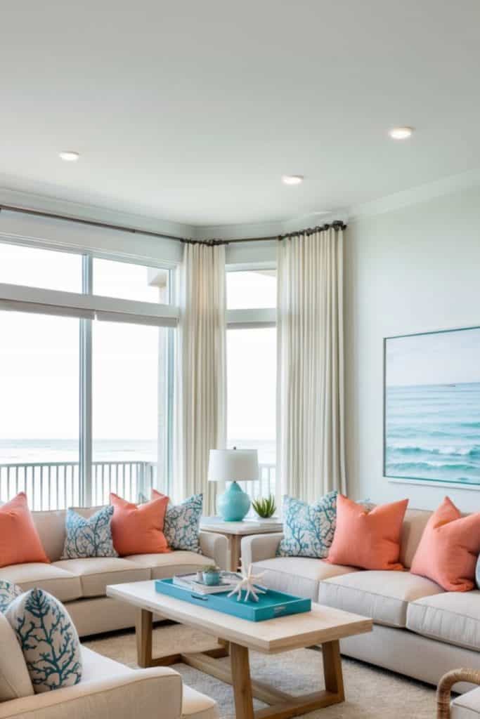A bright coastal-style living room featuring large windows with sheer curtains, a light beige sectional sofa adorned with coral and turquoise pillows, a wooden coffee table with a blue tray and decorative items, and a beach-themed artwork on the wall, overlooking the ocean.