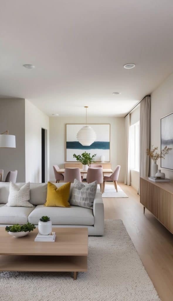 A modern living room featuring a light gray sectional sofa with decorative pillows, a wooden coffee table with succulent plants, and a soft area rug. In the background, there is a dining area with a wooden table surrounded by pink chairs, a large framed artwork above the table, and a pendant light hanging from the ceiling.