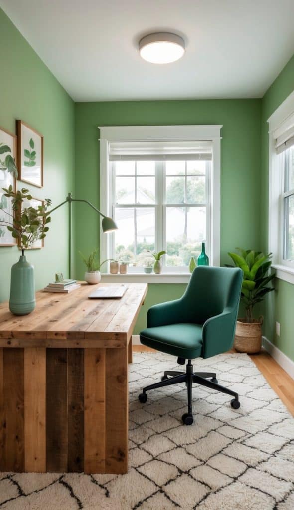 View of 28 Green Home Office Ideas To Create a Calming Oasis - We Heart Cozy