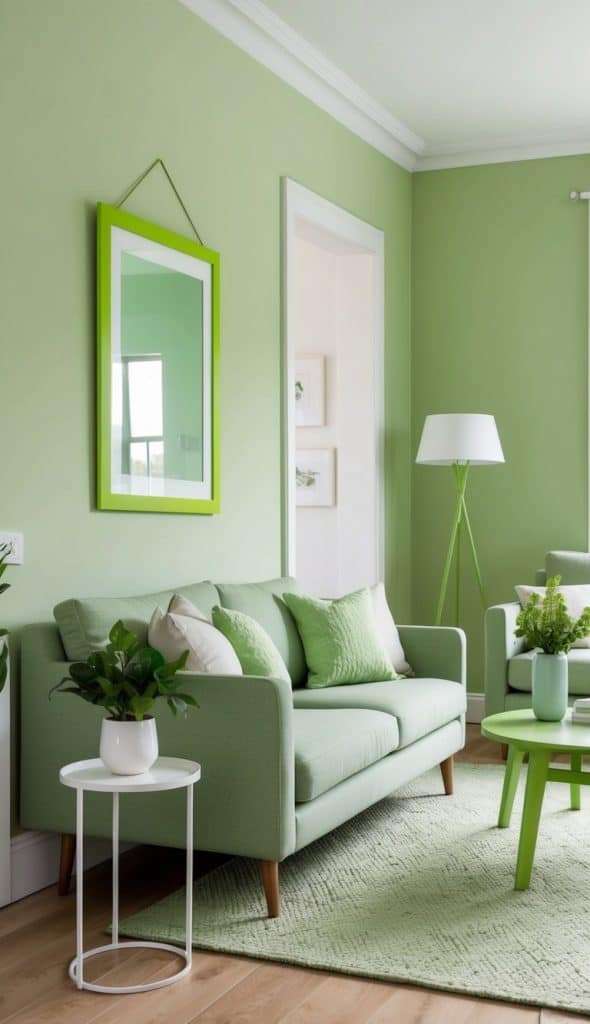 A bright and modern living room featuring green walls and furniture, including a light green sofa with pillows, a small white side table with a potted plant, and a green coffee table, complemented by a green lamp and a mirror with a green frame.