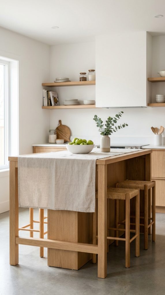 Kitchen island decorating idea featuring solid oak furniture-style island, linen runner, ceramic bowl with green apples, and minimalist Scandinavian kitchen design.