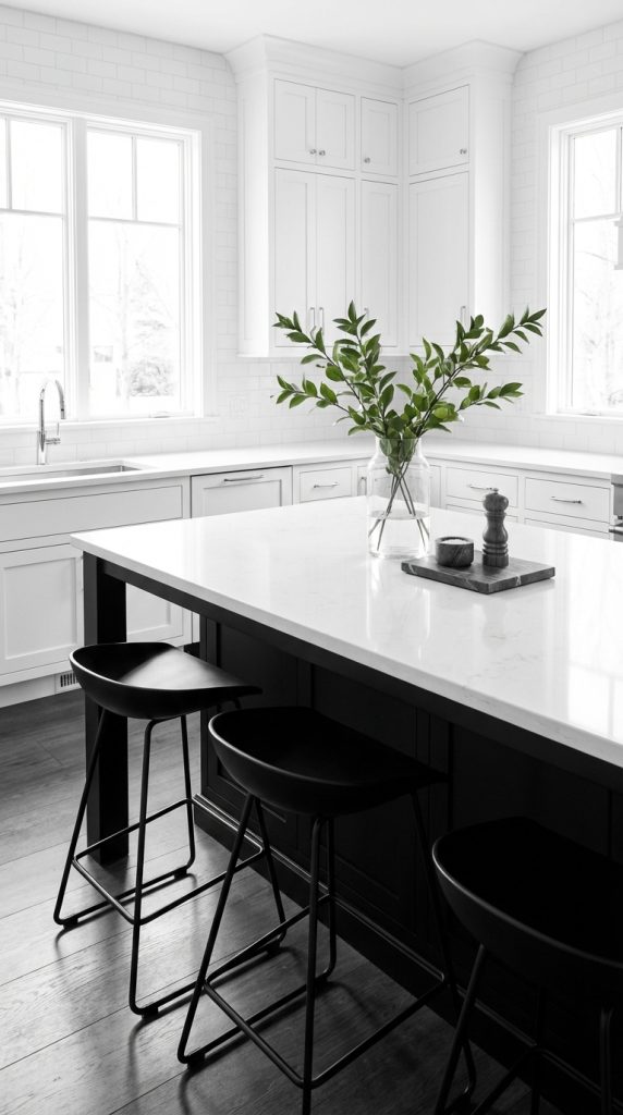 Kitchen island decorating idea with contrasting black island base, white quartz countertop, leafy branch centerpiece, and slim black bar stools.