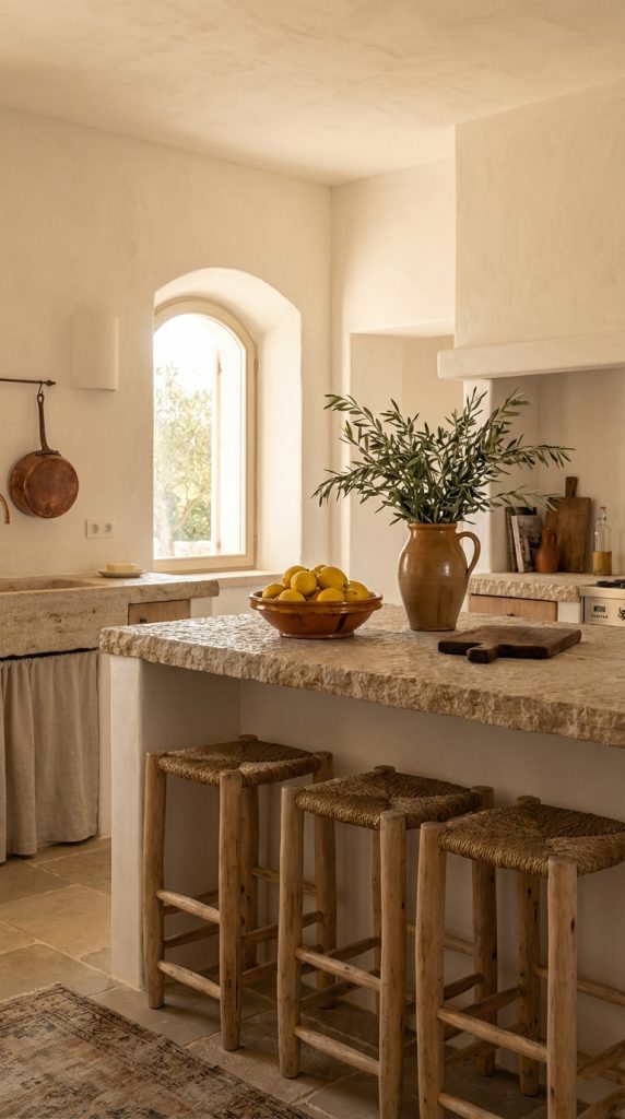 Kitchen island decorating idea with chiseled limestone countertop, rustic clay lemon bowl, olive branch pitcher, woven rush stools, and Mediterranean plaster walls.