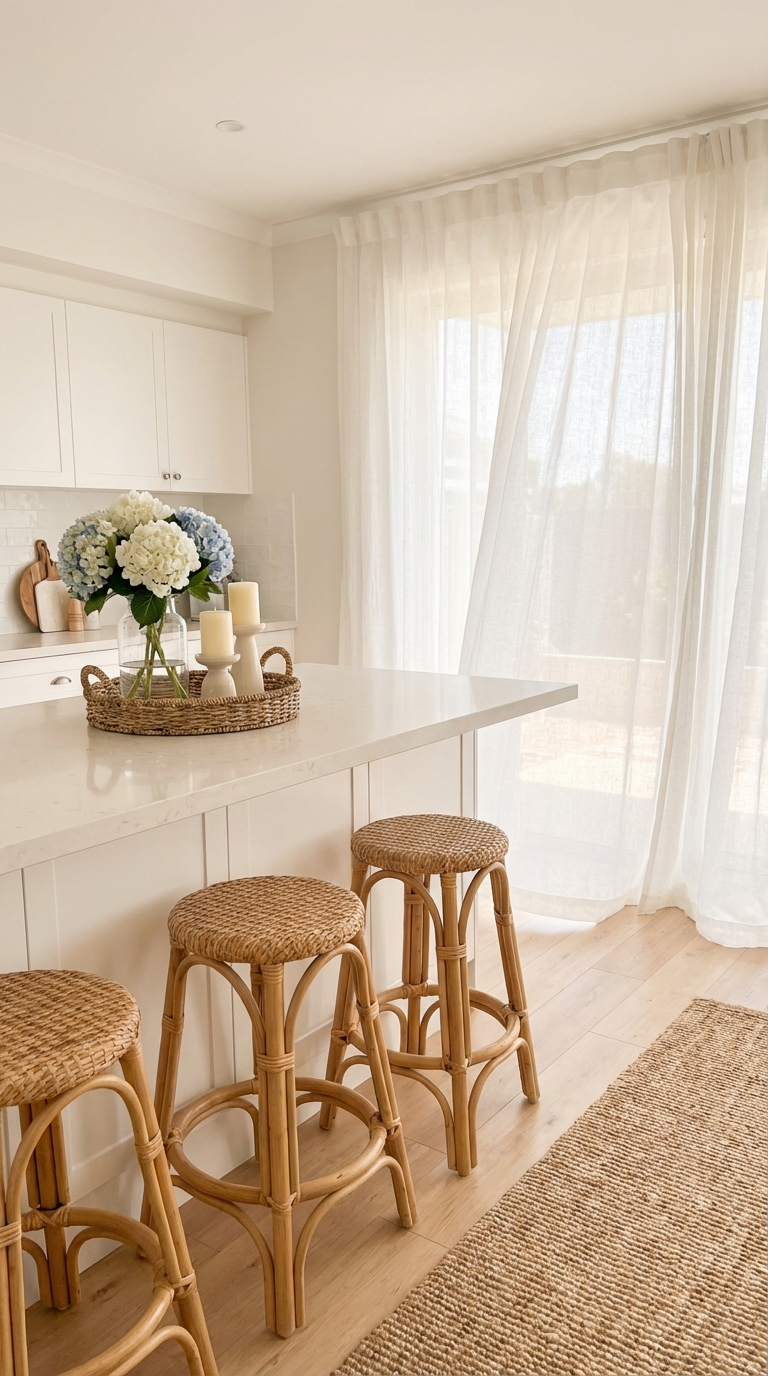 A bright kitchen featuring a white countertop and cabinetry, with a vase of blue and white hydrangeas on a woven tray surrounded by candles. There are three rattan stools at the counter and sheer white curtains covering a large window.