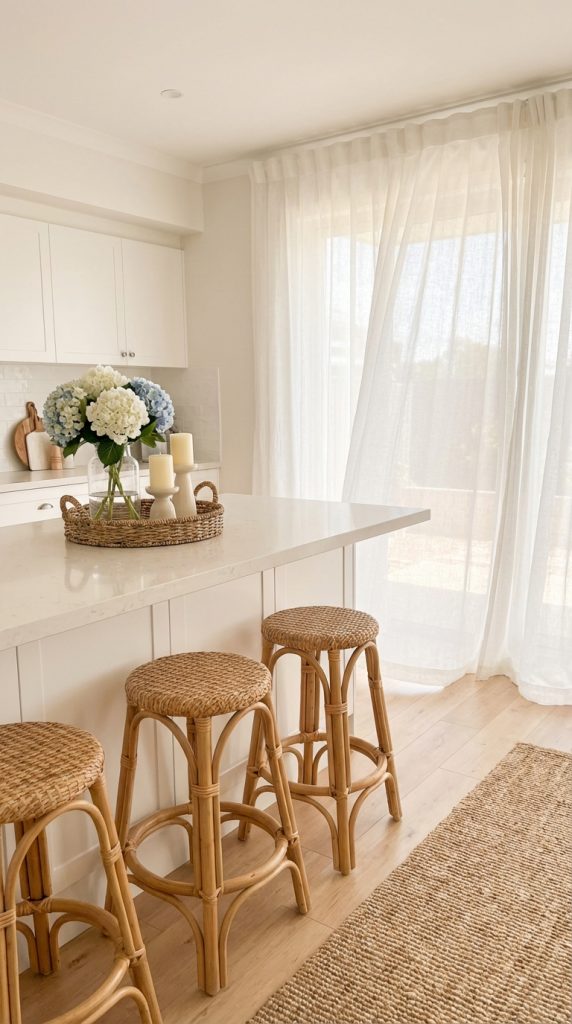 Kitchen island decorating idea with white island, hydrangea floral arrangement, woven tray decor, rattan stools, and jute rug in a bright coastal kitchen.
