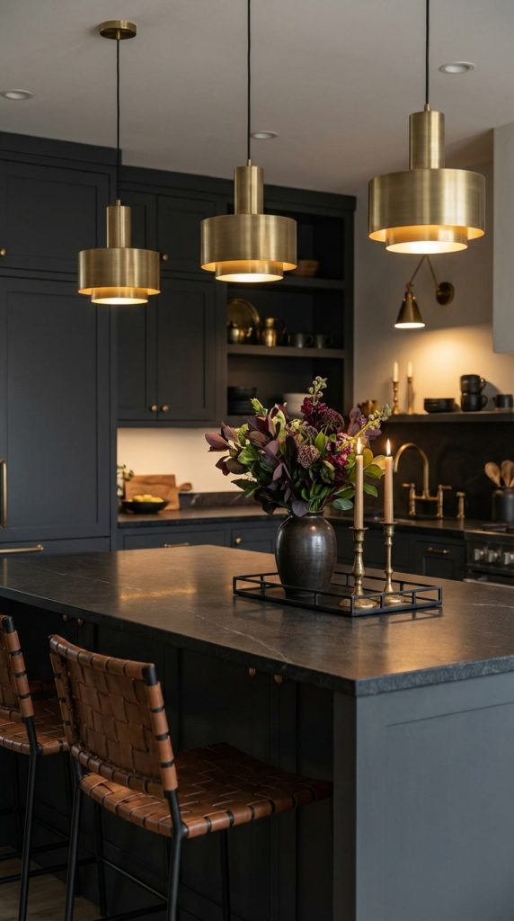 Kitchen island decorating idea with dark charcoal cabinets, brass pendant lights, black tray centerpiece, burgundy floral arrangement, and leather woven bar stools.