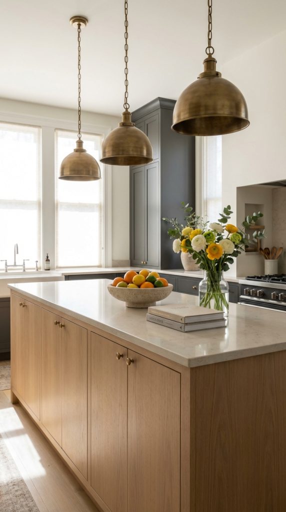 Kitchen island decorating idea featuring oak cabinetry, quartz countertop, brass pendant lighting, citrus bowl, and yellow white floral centerpiece.