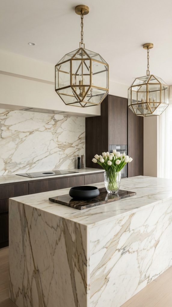 Kitchen island decorating idea with Calacatta marble waterfall island, brass lantern pendant lights, white tulip centerpiece, and dark wood cabinetry.