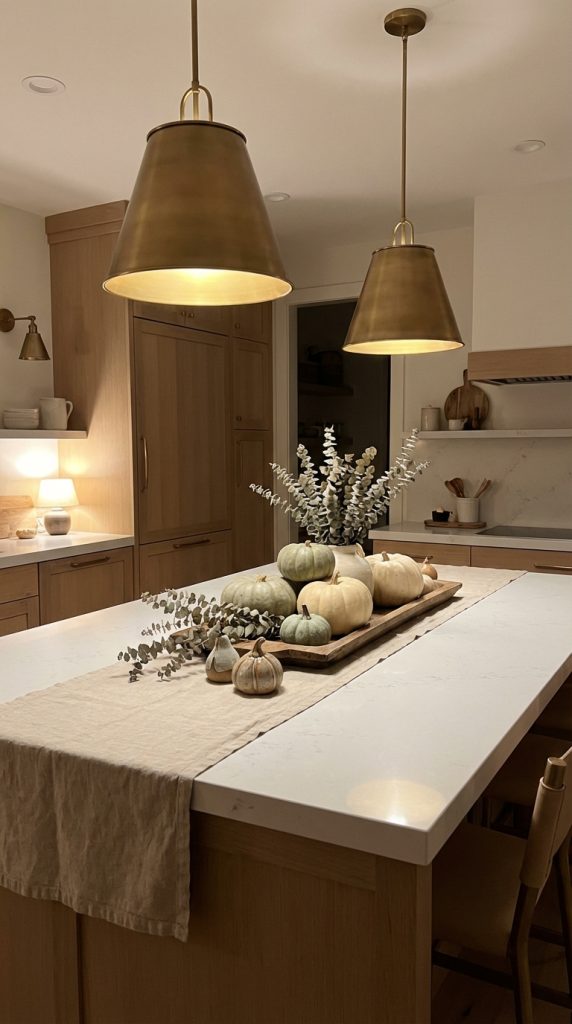 Kitchen island decorating idea featuring fall pumpkin centerpiece, linen table runner, brass dome pendant lights, and modern wood kitchen cabinets.