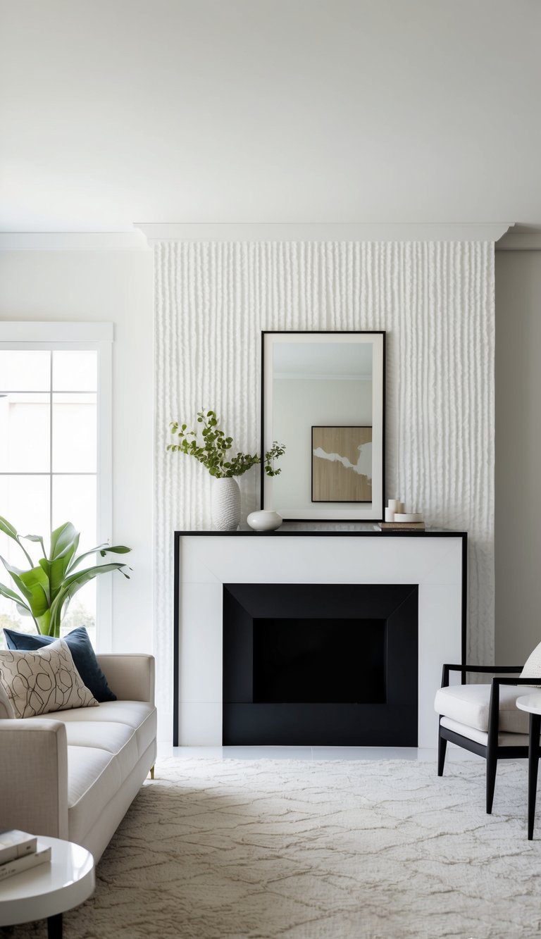 A modern living room featuring a textured white wall behind a minimalist black and white fireplace with a mirror and decorative plants on the mantle, complemented by a light-colored sofa and an accent chair.