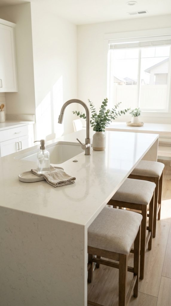 Kitchen island decorating idea featuring quartz waterfall island with sink, glass soap dispenser, eucalyptus arrangement, and light wood upholstered stools.