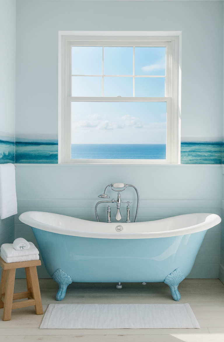 A light blue freestanding bathtub with decorative feet sits in a bright bathroom, positioned under a window that offers a view of the ocean and blue sky. A wooden stool nearby holds rolled towels, and a white bath mat is placed on the floor.