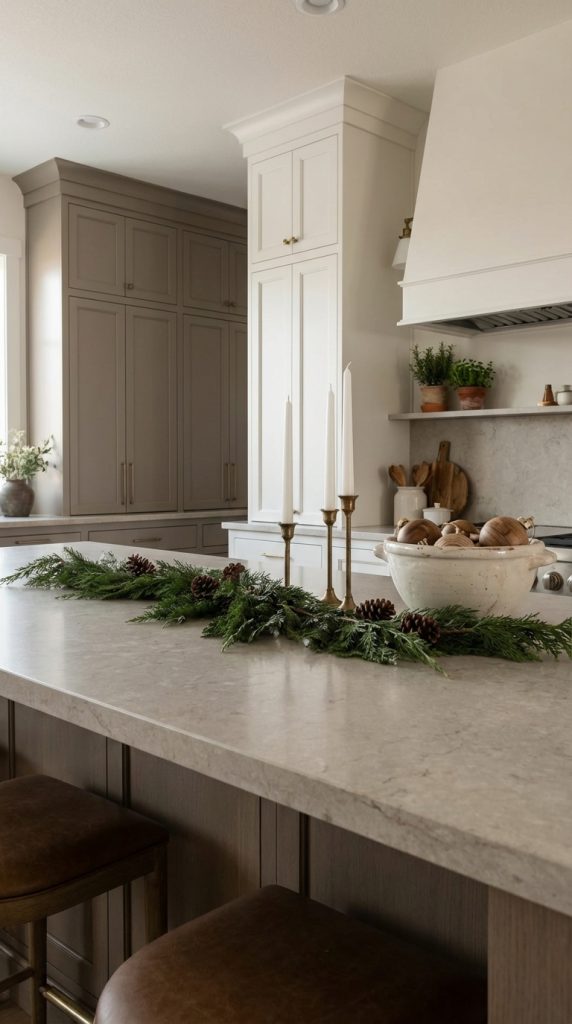 Kitchen island decorating idea featuring holiday garland centerpiece, brass taper candles, wooden ornaments bowl, and warm neutral shaker kitchen.