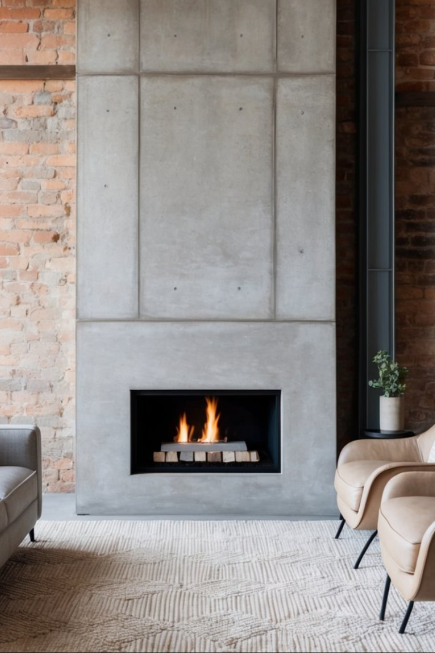 A modern living room featuring a sleek concrete fireplace set into a textured wall of exposed brick. The fireplace displays flames and is surrounded by wooden logs. A light-colored rug covers the floor, complementing the beige armchairs nearby. The atmosphere is cozy and contemporary.