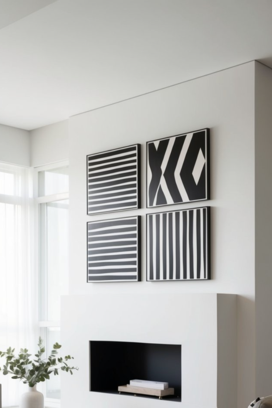 A modern interior featuring four black and white framed artworks hanging in a square arrangement on a light wall; the art pieces include varying patterns of stripes and geometric shapes. A minimalist fireplace with a black opening is visible below the artworks, and a plant in a vase is positioned to the left.