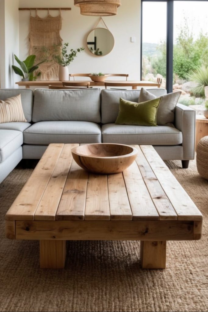A cozy living room featuring a light gray sectional sofa with various cushions, a rustic wooden coffee table with a round wooden bowl on top, and a natural fiber rug. In the background, there is a dining area with wooden chairs and a round mirror, along with potted plants and a macrame wall hanging.