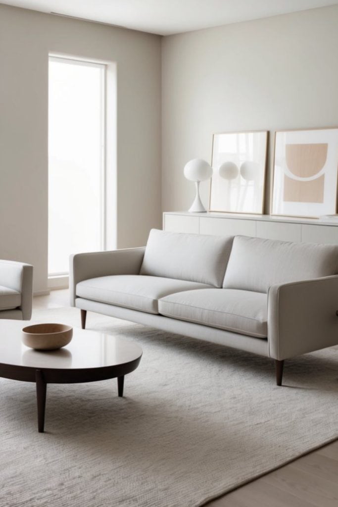 A modern living room featuring a light gray sofa with clean lines, a round wooden coffee table with a bowl on it, and a light-colored area rug, complemented by a window and a white sideboard with framed art pieces and a lamp on top.