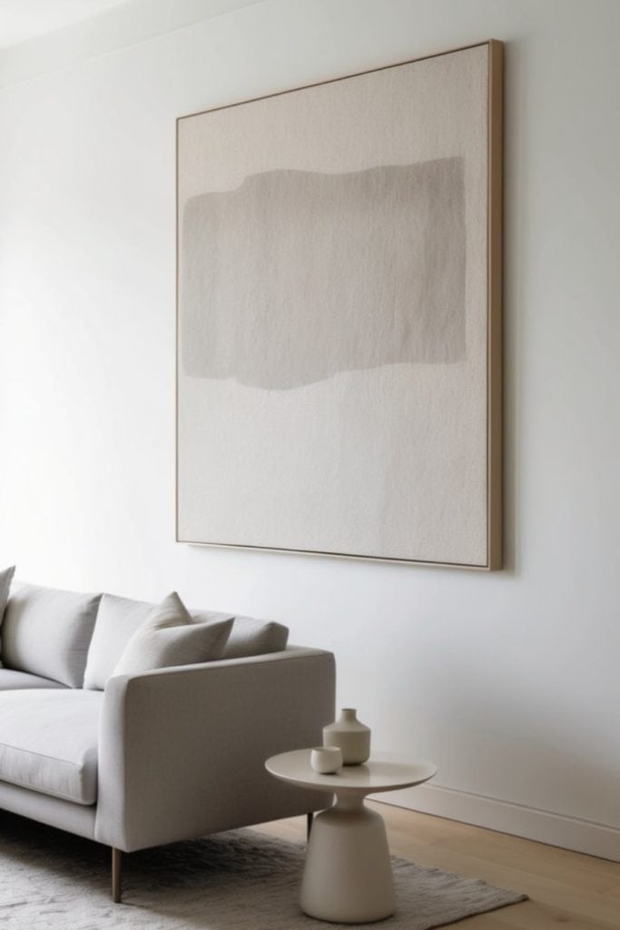 A minimalist living room featuring a light gray sofa with plush cushions, a round side table holding two decorative vases, and a large abstract artwork in a neutral color palette hanging on the wall behind.