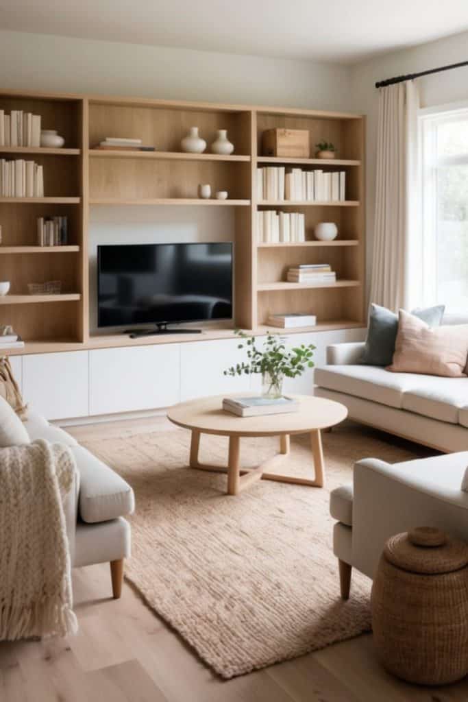 A cozy modern living room featuring a light wood shelving unit filled with books and decorative vases above a sleek, black television. Light-colored sofas are arranged around a round wooden coffee table topped with a glass vase and greenery, while a textured rug covers the floor and natural light filters through sheer curtains.