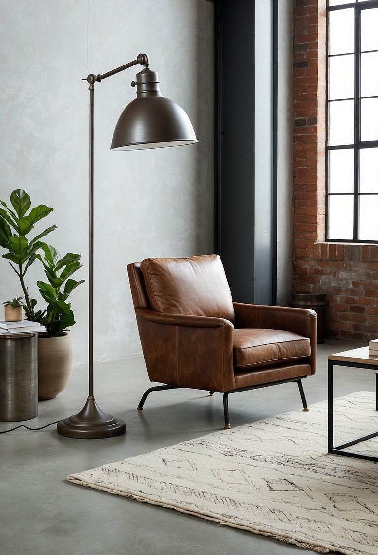 A cozy living room scene featuring a brown leather armchair next to a stylish floor lamp with a metallic shade. A small round table with books and a plant is nearby, and a patterned area rug is laid on the concrete floor, while large windows illuminate the space.