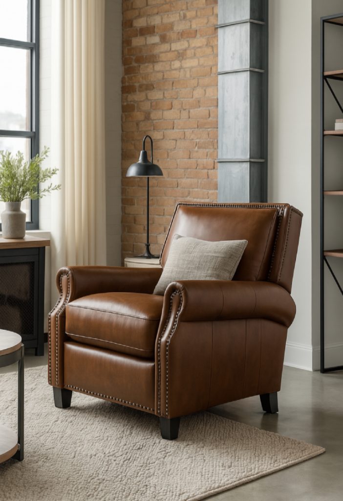 A stylish brown leather armchair with decorative nailhead trim, positioned beside a light-colored round coffee table on a textured rug, with a potted plant and a table lamp in the background against a brick wall.
