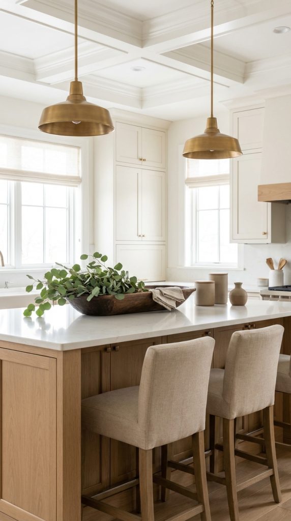Kitchen island decorating idea with brass dome pendant lights, white quartz countertop, oak island cabinetry, wooden dough bowl with greenery, and upholstered stools.