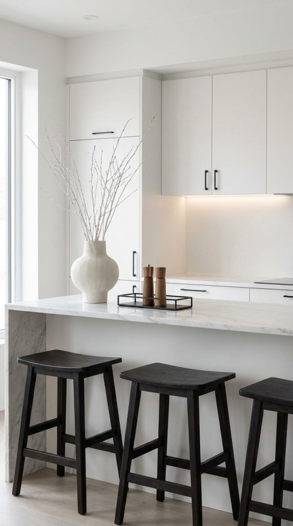 Kitchen island decorating idea featuring marble waterfall island, sculptural white vase with branches, black stools, and modern slab cabinets with black hardware.