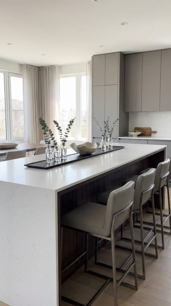 Kitchen island decorating idea with white quartz waterfall countertop, wood-paneled island base, upholstered counter stools, and modern tray centerpiece.