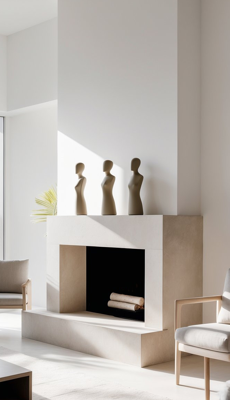 A minimalist living room featuring a light-colored fireplace with three abstract sculptures on the mantel, complemented by a modern armchair and a neutral rug.
