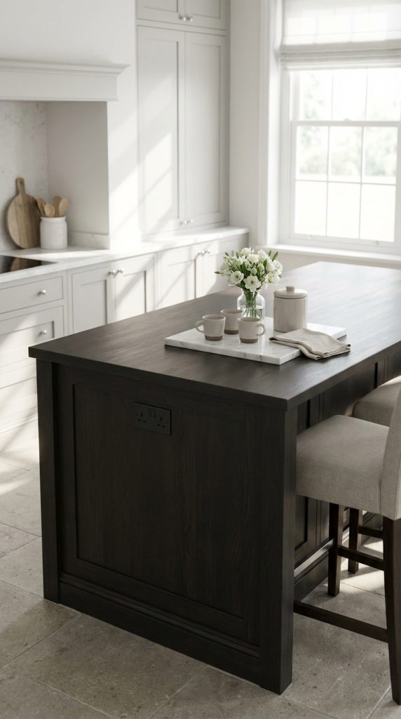 Kitchen island decorating idea with dark wood island, marble tray styling, espresso cups, white flowers, upholstered stools, and classic white cabinetry.