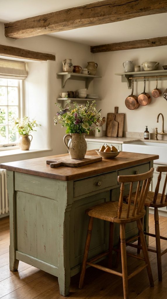 Kitchen island decorating idea featuring vintage painted prep table, wood countertop, ceramic flower jug, pears, copper pans, and exposed beams.
