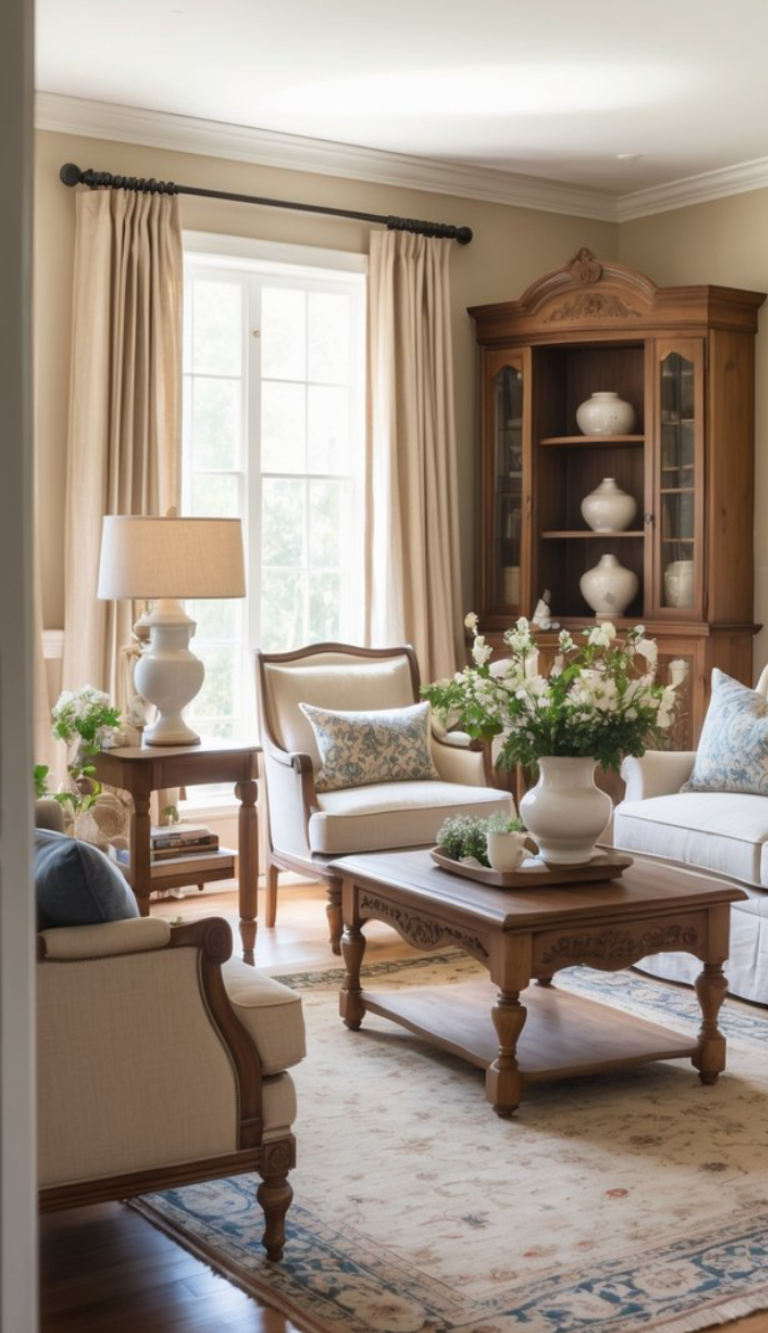 A cozy living room featuring two upholstered armchairs with decorative pillows, a wooden coffee table, and a cabinet with white vases. The windows are adorned with beige curtains, and fresh flowers are arranged in a white vase on the table, enhancing the warm ambiance of the space.