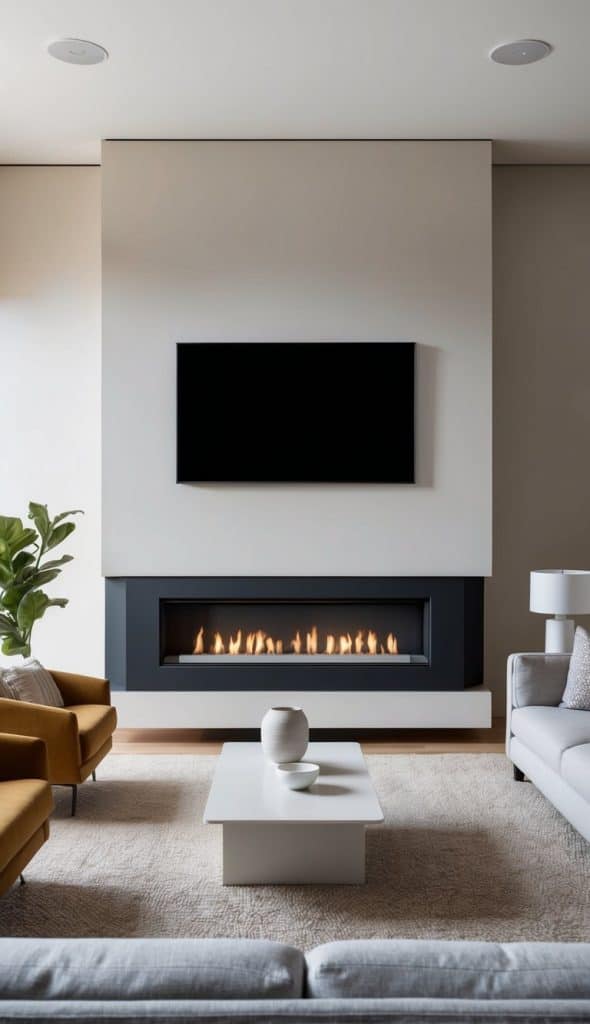 A modern living room featuring a sleek fireplace with flames visible, an above-mounted flat-screen TV, a light-colored rug, a low coffee table with a vase and bowls, and two cozy couches in neutral fabrics, one being gray and the other a mustard yellow. A green plant is also present in the corner.