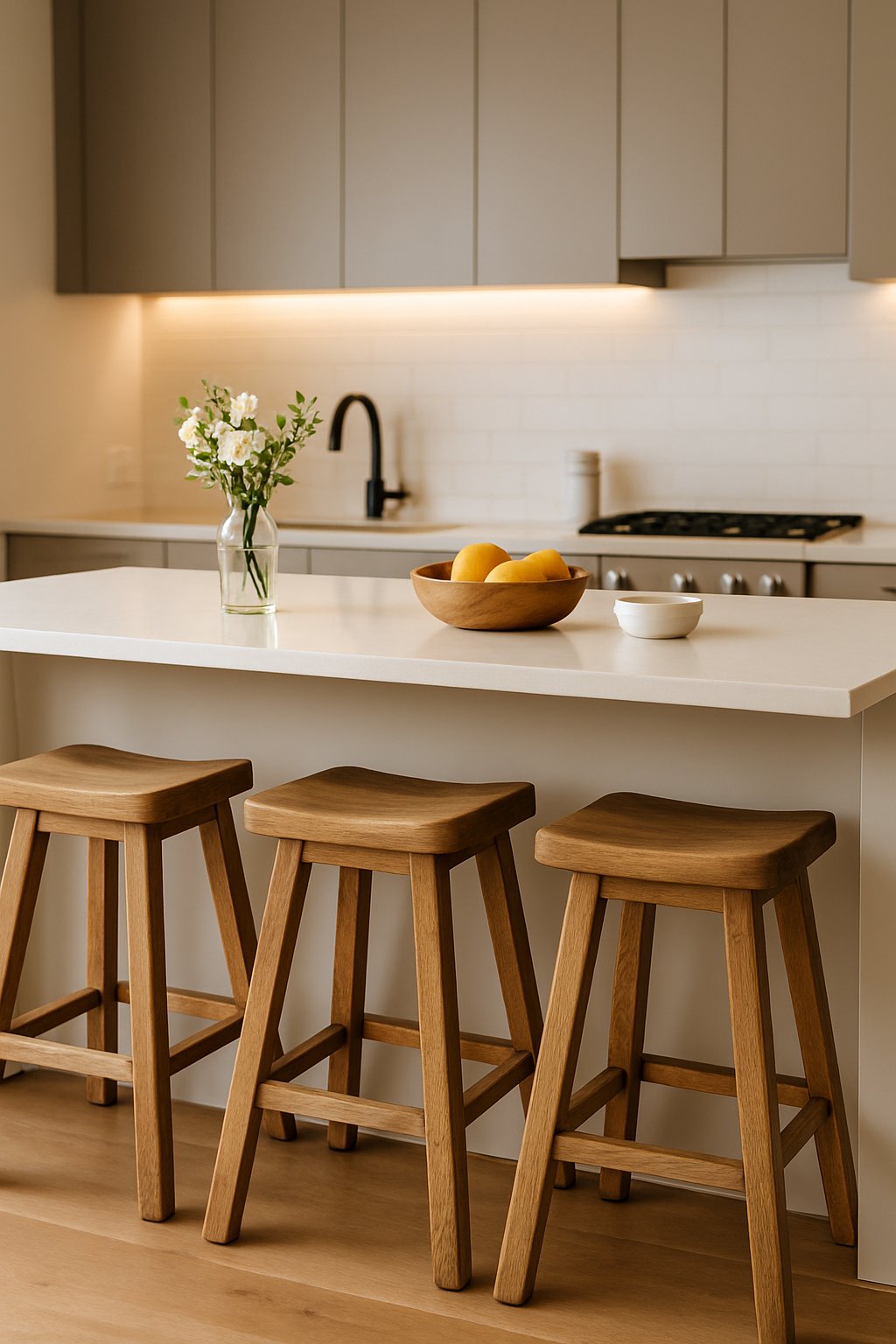 Kitchen island decorating idea with white quartz countertop, oak saddle stools, glass vase flowers, wooden lemon bowl, and Scandinavian flat-panel cabinetry.