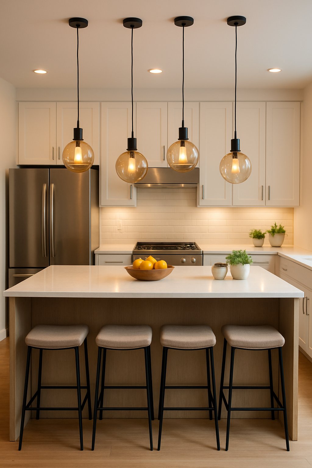 Kitchen island decorating idea with amber glass globe pendant lights, white quartz island countertop, black metal stools, and shaker-style cabinetry.