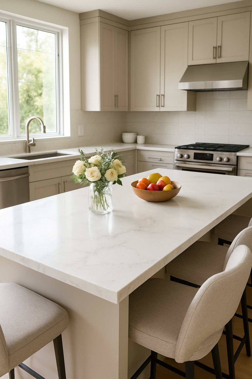 Kitchen island decorating idea featuring quartz island, white rose centerpiece, fruit bowl decor, shaker cabinets, and neutral upholstered bar stools.