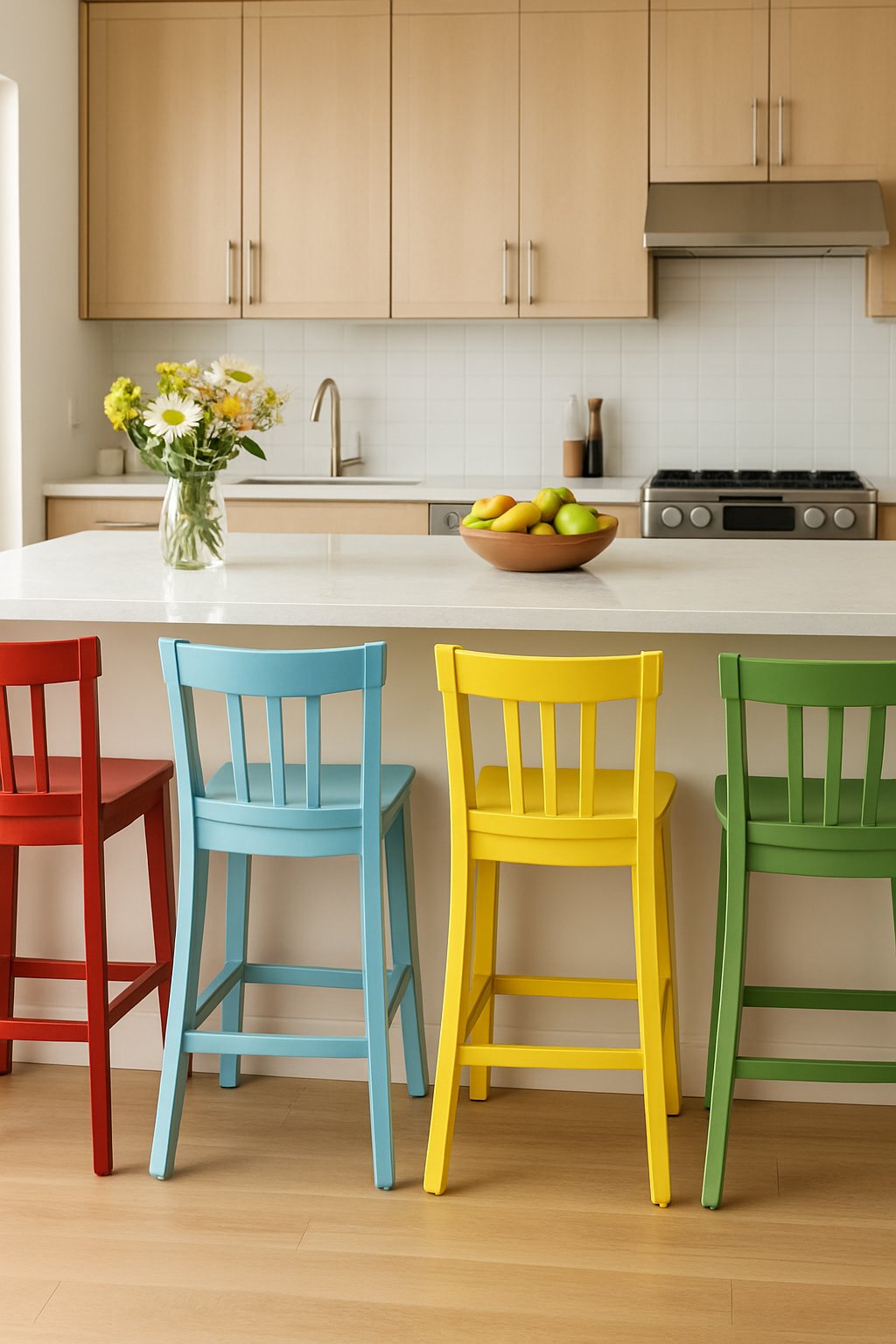 Kitchen island decorating idea with white island, colorful bar stools, wooden cabinets, fruit bowl centerpiece, and modern eclectic kitchen style.