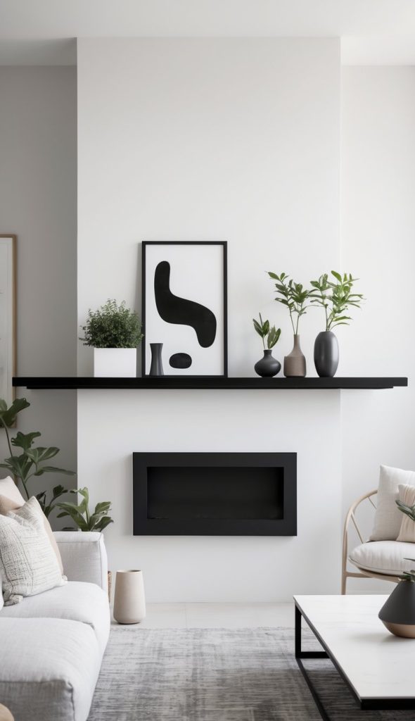 A modern living room featuring a white wall with a black shelf displaying decorative items, including a framed abstract art piece, vases, and potted plants. Below the shelf, a sleek black fireplace is centered in the wall. A light-colored sofa with plush pillows and a wooden armchair are positioned in the foreground, along with a coffee table and a light gray rug.