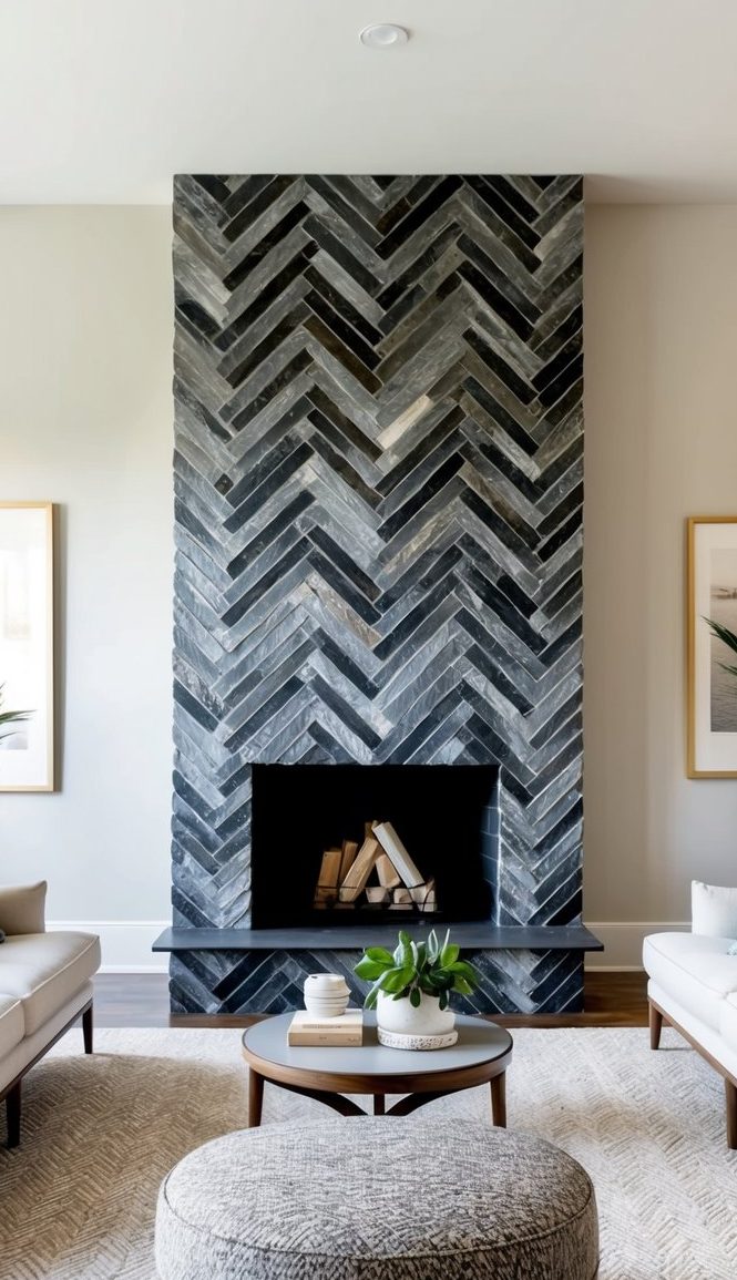 Modern fireplace with dark chevron-patterned slate tile surround in a minimalist living room with neutral furniture.