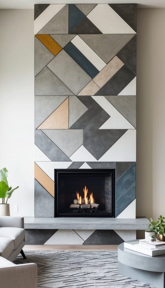 Modern fireplace with geometric porcelain tile surround in navy, ochre, gray, and blush tones.