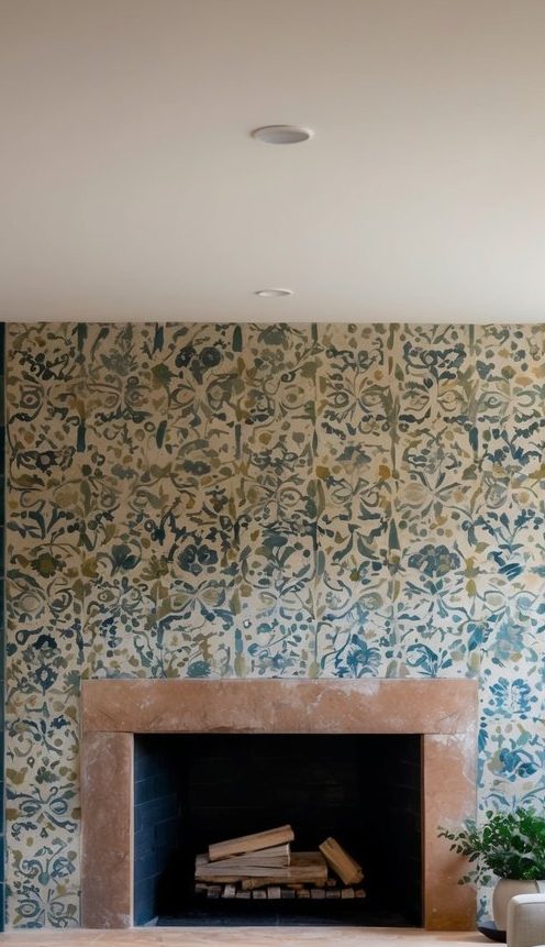 Fireplace with floral-pattern ceramic tiles covering the wall and a soft pink limestone mantel surround.