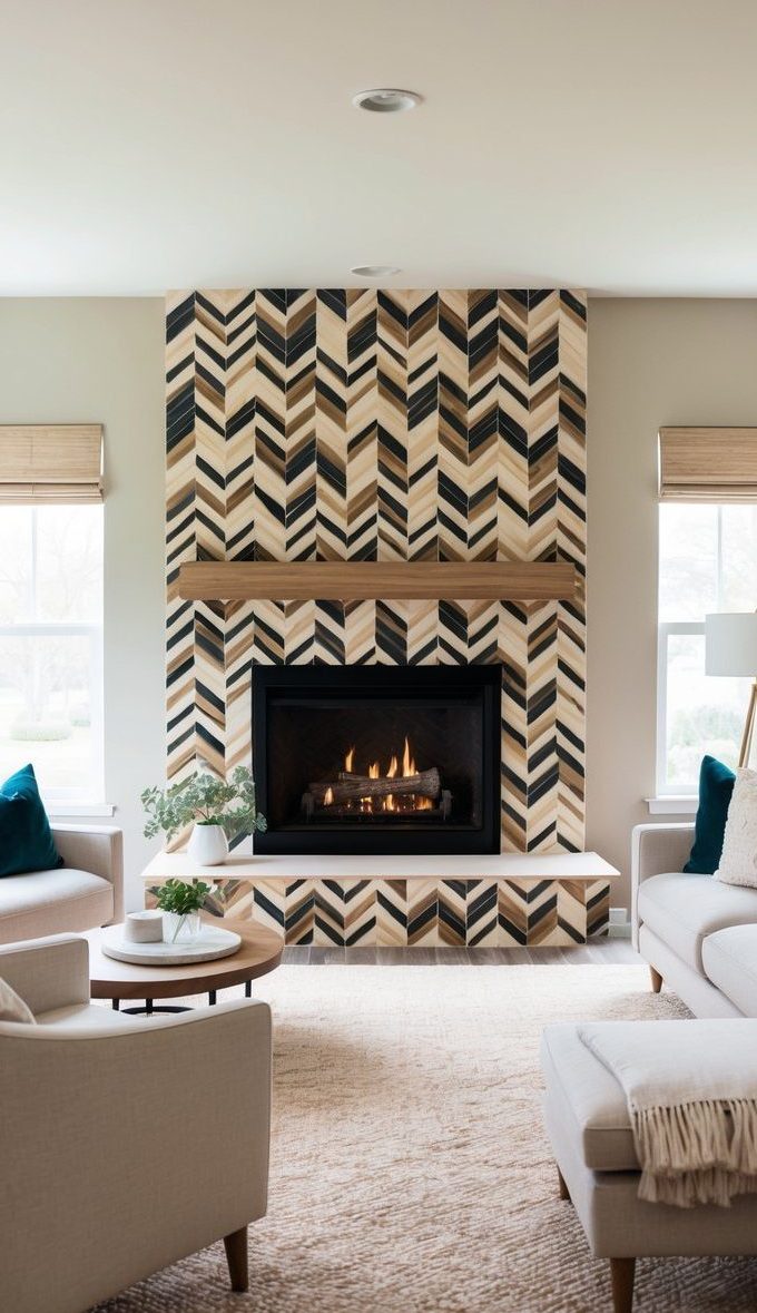 Modern fireplace featuring a chevron tile surround made of multi-tone wood-look porcelain in a geometric layout.