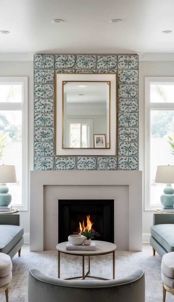 Decorative fireplace surround with lotus-patterned ceramic tiles in soft green and white above a minimalist pale stone mantel.