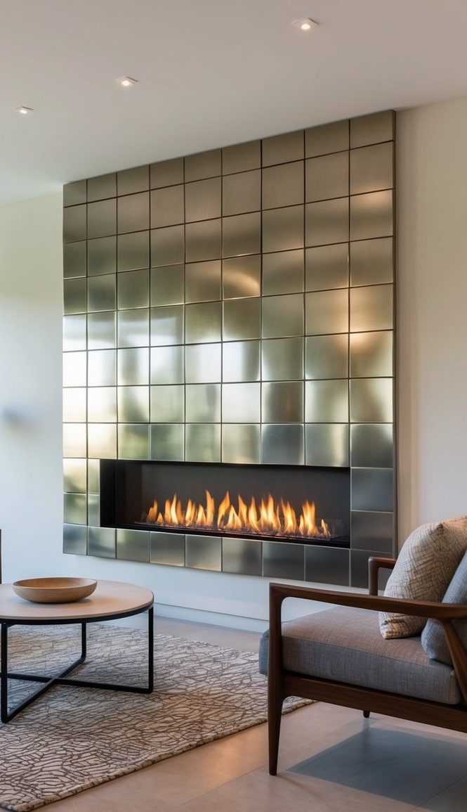 Sleek modern fireplace with metallic square tiles forming a geometric surround around a long horizontal flame insert.