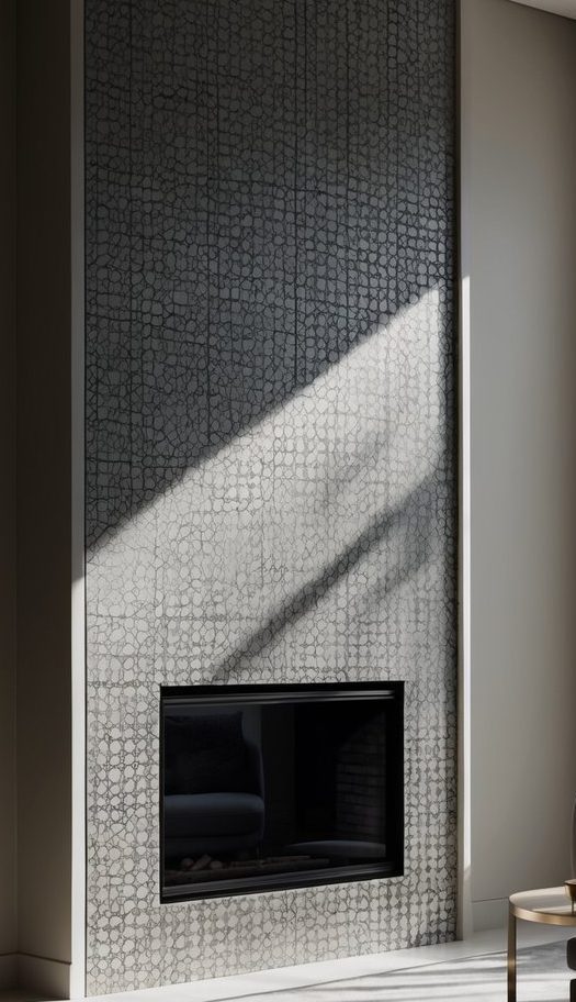 Vertical fireplace surround with gray tiles featuring organic crackle patterns and soft natural reflectivity.